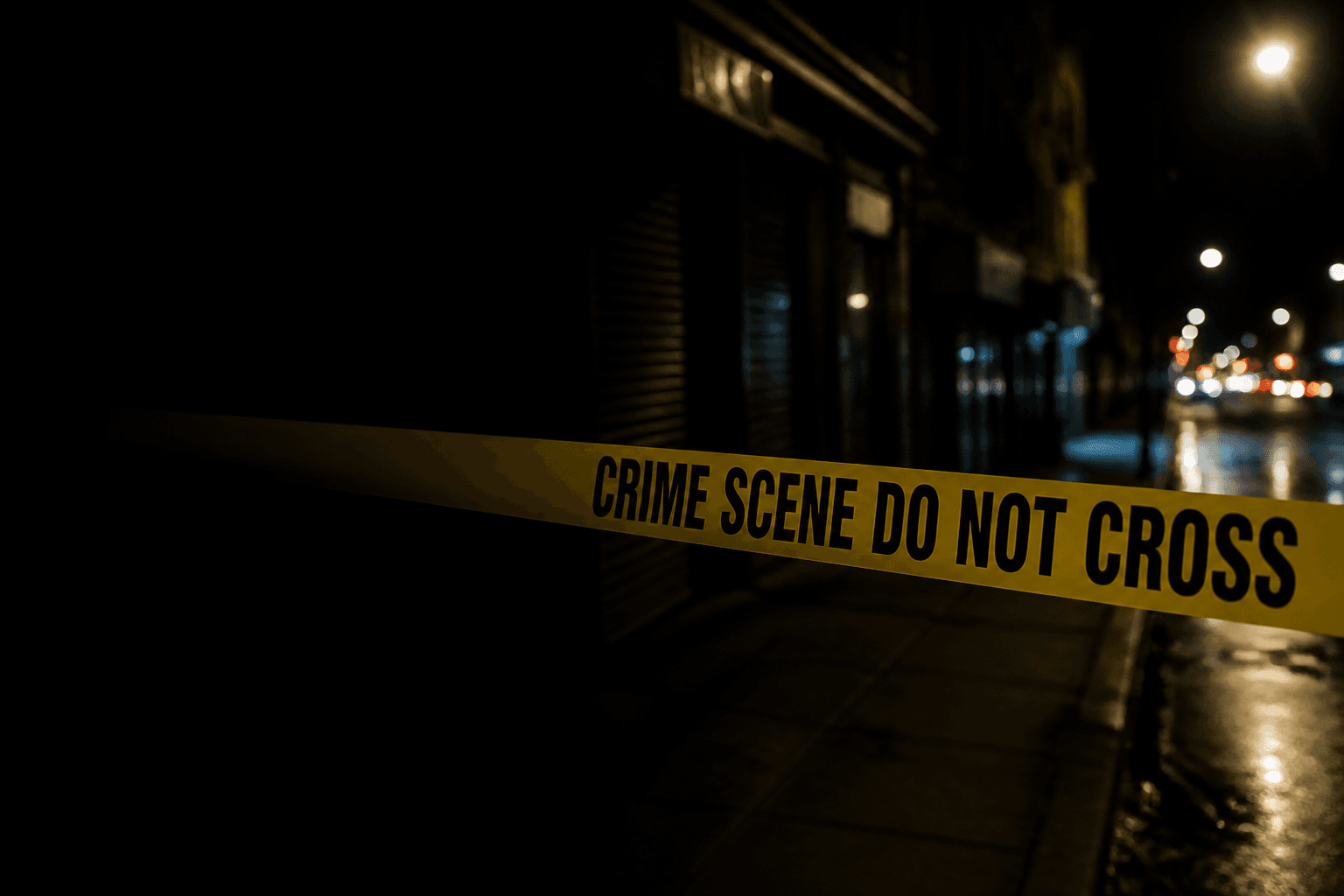 Crime scene tape across a dark street