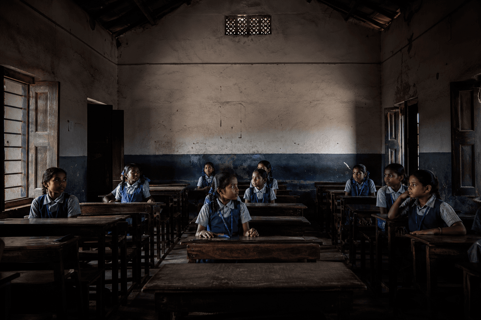 Students seated in a dim classroom